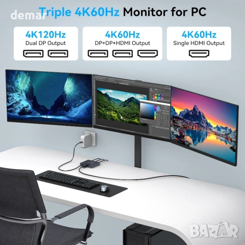 VEDINDUST DisplayPort сплитер 1 вход/3 изхода DP към HDMI и двоен DP, снимка 3 - Кабели и адаптери - 52846563