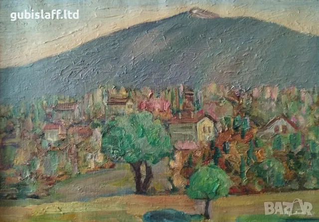 Картина, пейзаж, къщи, худ. Хр. Пешев, 1970-те год., снимка 2 - Картини - 48359563