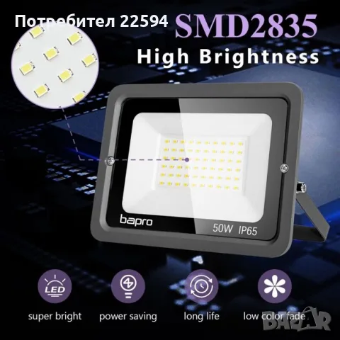 100W LED прожектор за външно осветление 10 000 LM супер ярък IP66 6000 K студена бяла – Черен, снимка 5 - Прожектори - 55878304
