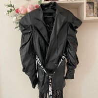 Ново кожено черно сако блейзер буфан ръкав Caramella Fashion , снимка 2 - Сака - 44216719