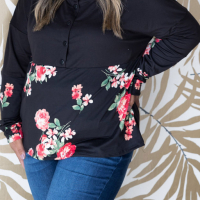 Дамскa черна блуза с дълъг ръкав и принт на цветя, макси размери, снимка 3 - Блузи с дълъг ръкав и пуловери - 44742605