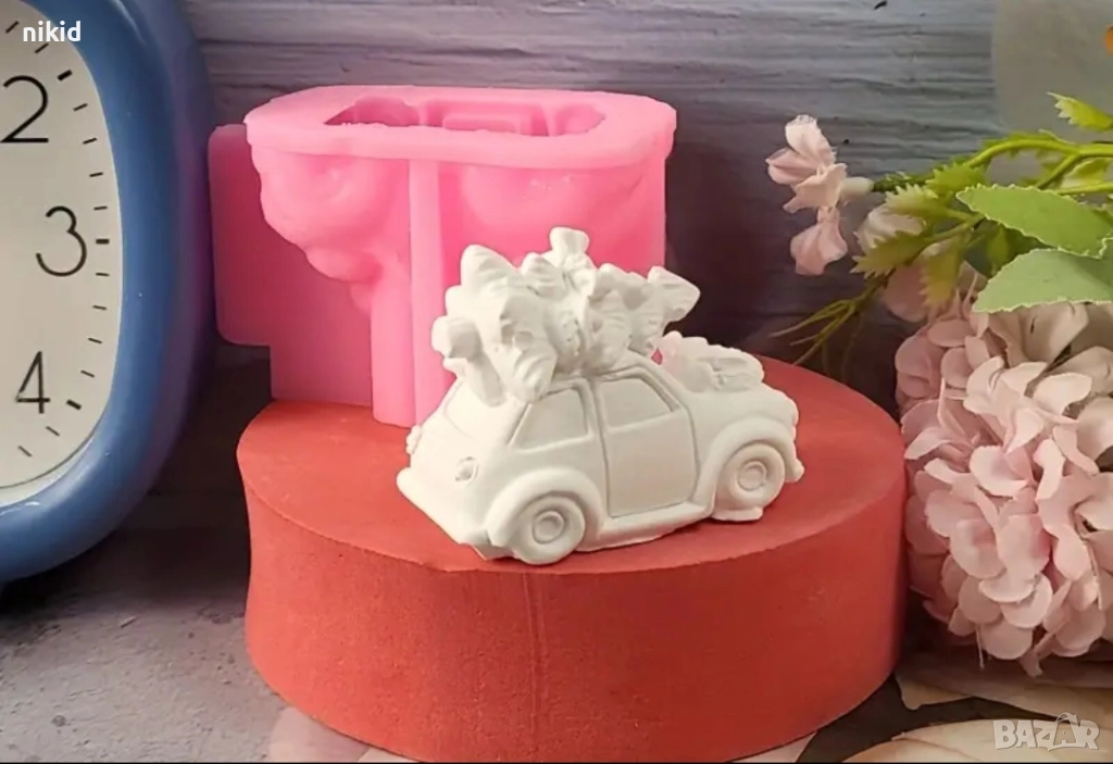 3d Автомобил с коледно дърво елха силиконов молд фома свещ гипс шоколад декор, снимка 1