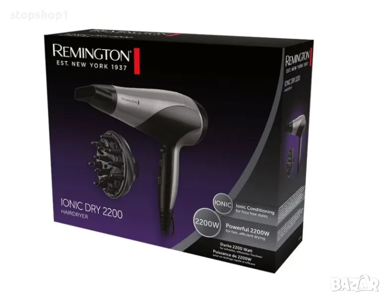 Сешоар REMINGTON Ionic Dry 2200 D3190S, 2200W, 2 скорости, 3 температурни нива, сив металик, снимка 1