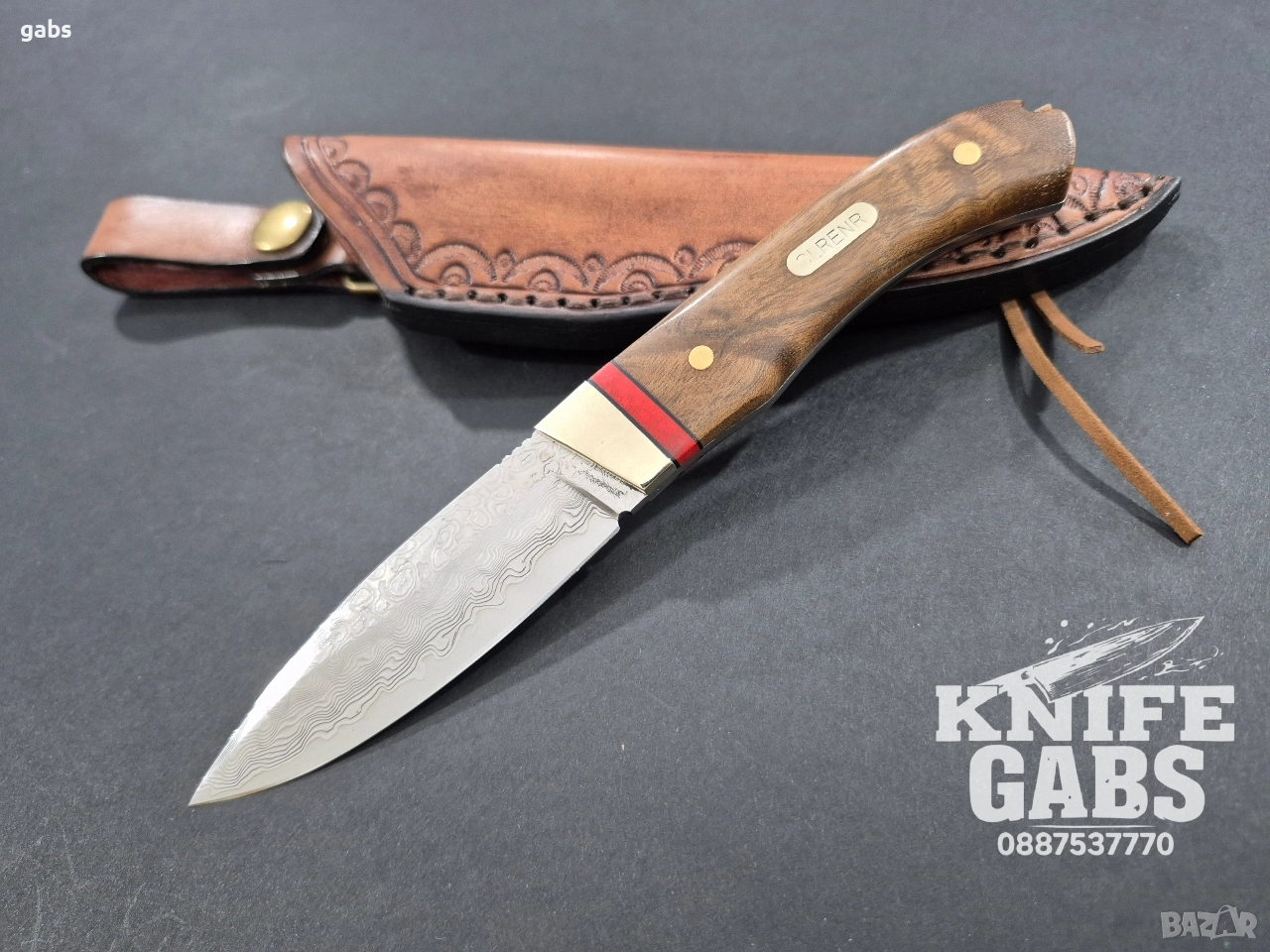 Компактен ловен нож CLRERN,дамаска стомана,фултанг с кожена кания ,LN433, снимка 1