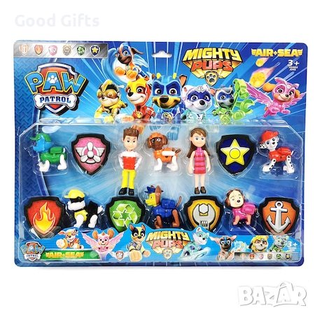 Комплект фигурки пес патрул, с кученца и значки, снимка 1