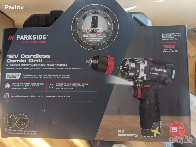ударен винтоверт PARKSIDE PERFOMANCE -PSBSAP 12 A1 -45 Nm; 4/5 Ач бат. , снимка 1