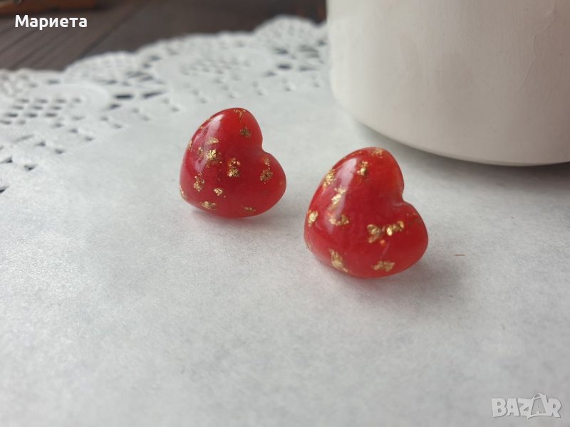 Червени обеци със златно Обеци Сърца Бижута от Смола Червени Обици Бижута Ръчна Изработка , снимка 1