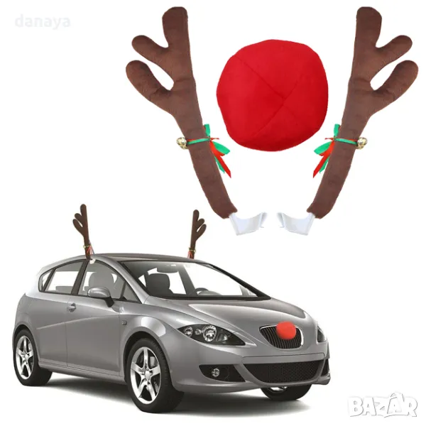 5390 Коледни еленски рога за автомобил Коледна украса за кола Еленови рога и нос, снимка 1