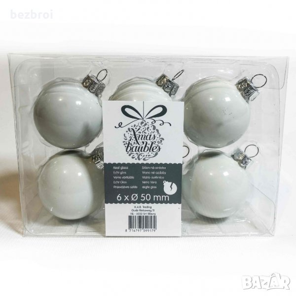 Коледни стъклени топки за украса на елха бял цвят - 6 х 50 мм. , снимка 1