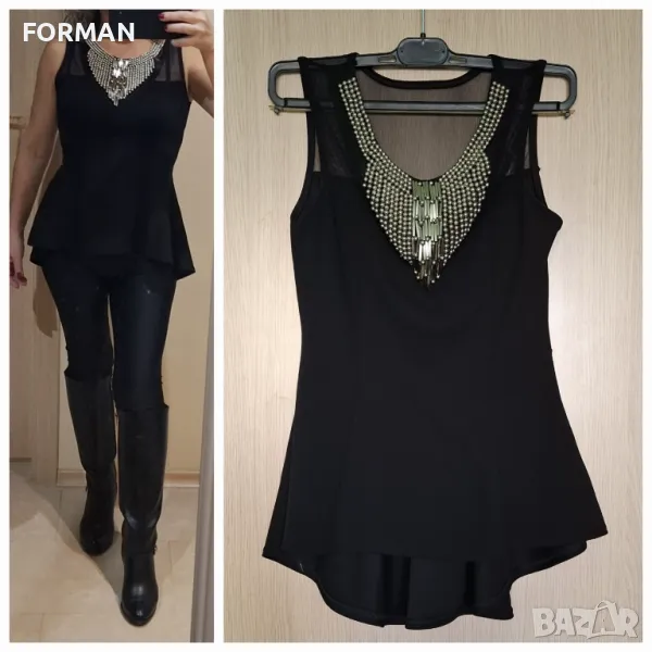 СТРАХОТЕН черен топ с тюл при раменете и метални аксесоари по деколтето , снимка 1