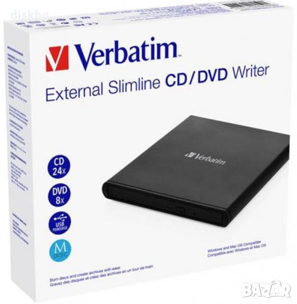 Нова външна USB записвачка, External Slimline CD/DVD Writer Verbatim, снимка 1