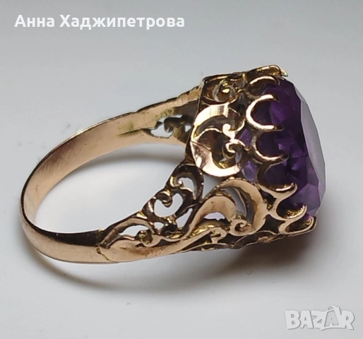 Златен пръстен с аметист, снимка 4 - Пръстени - 54276134