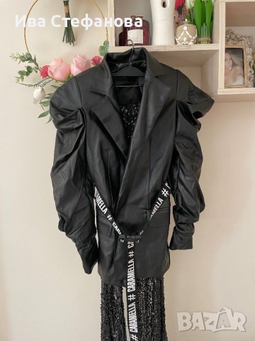 Ново кожено черно сако блейзер буфан ръкав Caramella Fashion , снимка 2 - Сака - 44216719