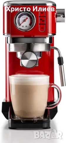 Кафемашина с ръкохватка Ariete Espresso Slim Metal 1381 Ретро слим дизайн Червена