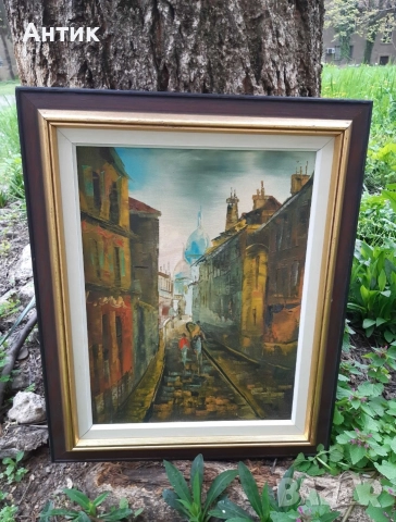 Красива Стара Картина Уличен Пейзаж Живопис Маслени Бои Дървена Рамка, снимка 5 - Антикварни и старинни предмети - 52566487