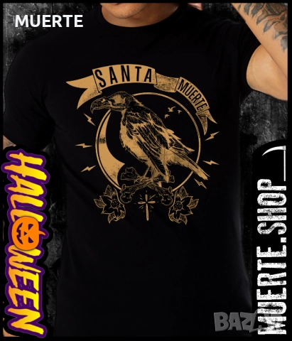 Черна тениска с щампа SANTA MUERTE CROW