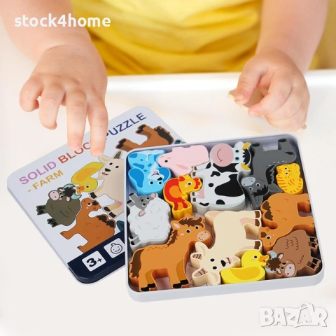 Дървен пъзел Woody Забележителни животни в метална кутия, 12 части, снимка 7 - Игри и пъзели - 53018978