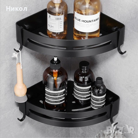 Черен рафт за баня 2 бр, с 4 регулируеми куки, неръждаема стомана, хромиран, баня, тоалетна, кухня, снимка 3 - Етажерки - 54042595