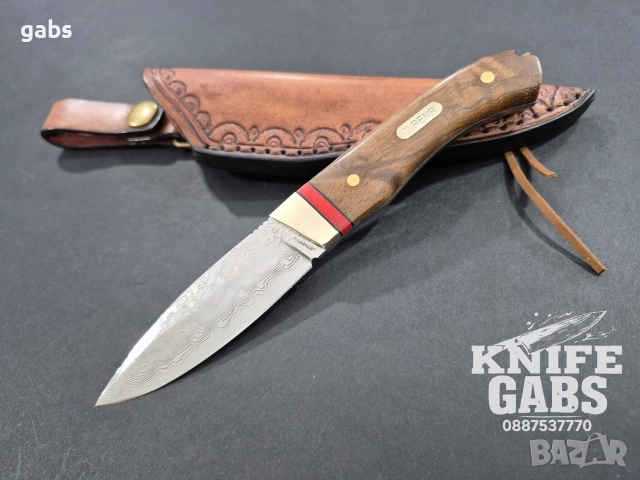 Компактен ловен нож CLRERN,дамаска стомана,фултанг с кожена кания ,LN433