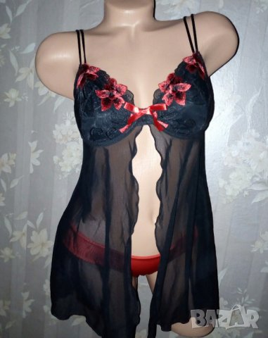 Секси нощничка от черен тюл с флорални бродерии в червено 80 С, снимка 5 - Бельо - 30822543