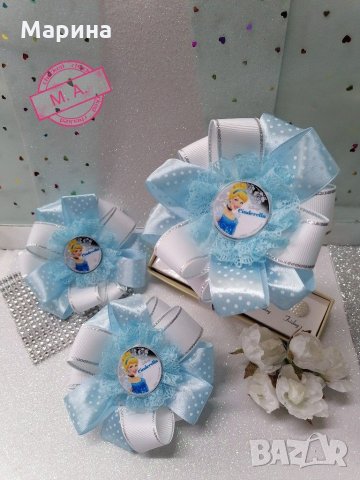 Панделка в бяло и светло синьо на точки с Пепеляшка, аксесоари за коса-ластик, шнола, диадема. 