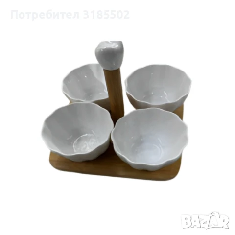 Елегантен комплект от 4 керамични купички с дървена стойка