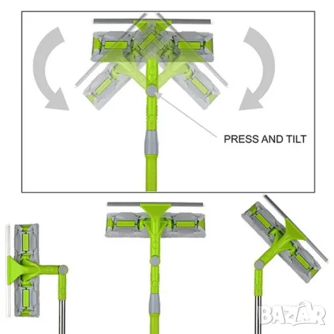 Моп, стъклочистачка с телескопична дръжка, чупеща глава, перяща предна част и резервен моп., снимка 2 - Мопове, кофи, четки и метли - 48919421