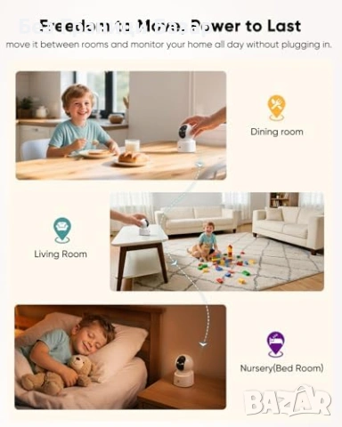 Нова Безжична вътрешна камера PTZ с батерия двупосочно аудио за наблюдение дом стая, снимка 3 - Други - 54109507