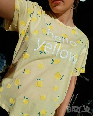 Тениска с лимони и надпис Hello Yellow в жълт цвят, снимка 2 - Тениски - 56107821