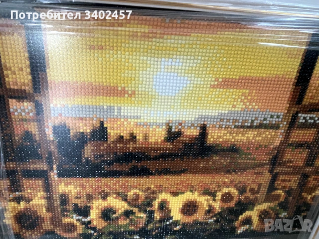 Гоблен с мъниста, 38 х 28 см, в рамка, поле със слънчогледи, снимка 2 - Гоблени - 53223388