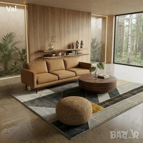 Модерен килим за хол 120х160см - Геометрично сиво със жълт квадрат и 3D ефект, Противоплъзгащ, снимка 5 - Килими - 53932622