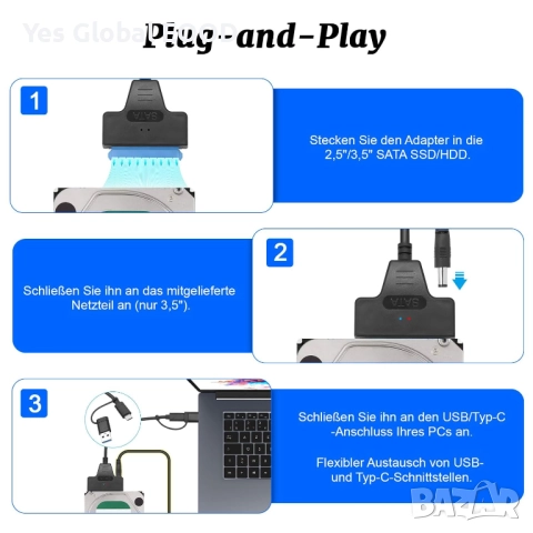 Wowfast SATA към USB адаптер за 2.5/3.5 HDD SSD с захранване, снимка 6 - Кабели и адаптери - 52803906