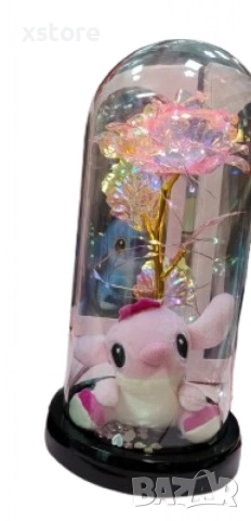 Пластмасова роза с кристален ефект в стъклен купол със Стич и LED светлини, снимка 2 - Други стоки за дома - 52793397