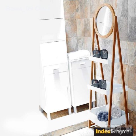 160см Висока бамбукова етажерка за баня с огледало