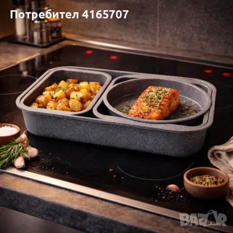 Комплект 4 тави за печене Cheffinger с мраморно незалепващо покритие – различни форми, компактно под, снимка 3 - Съдове за готвене - 56122336