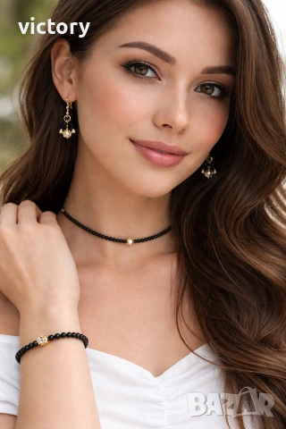 ✨ Éclipse Dorée – Луксозен комплект бижута с 14K позлатени елементи (чокър, гривна и обеци) 🖤