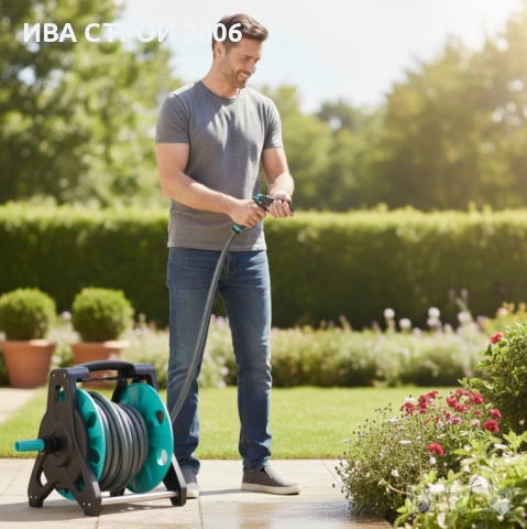 Градински маркуч 30 м на макара с пистолет | Автоматична система за поливане, снимка 2 - Градински инструменти - 54192709