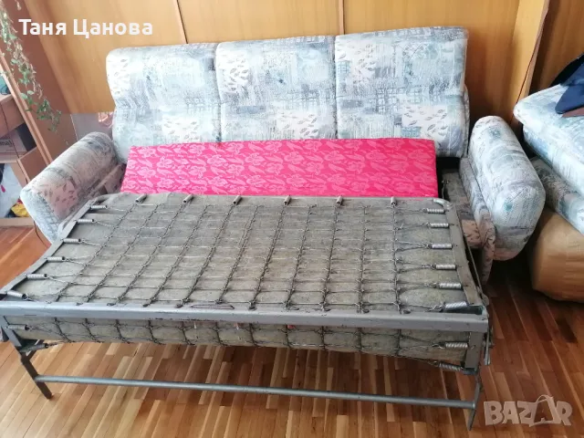 Холна гарнитура от разтегателен диван с железен механизъм, две табуретки и два фотьойла, снимка 2 - Дивани и мека мебел - 49789733