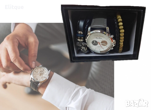 Стилен мъжки часовник в комплект с гривни, снимка 5 - Мъжки - 52778142