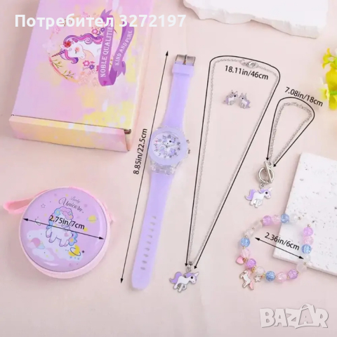 Нов ДАМСКИ кварцов часовник с еднорог + комплект аксесоари за еднорог 5 бр./комплект, снимка 2 - Детски - 44804123