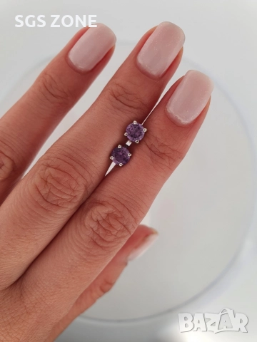 Сребърни обеци с естествен аметист., снимка 5 - Обеци - 52874985