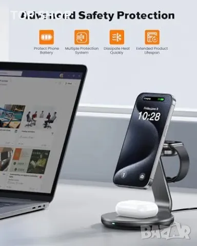 Нова 3 в 1 Магнитна зарядна станция iPhone iWatch AirPods телефон слушалки, снимка 7 - Аксесоари за Apple - 49309319