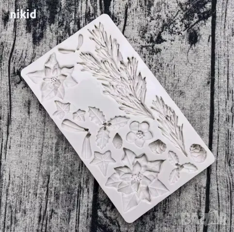 Голям Коледен коледна звезда борови клони клонки имел бръшлян силиконов молд форма фондан торта, снимка 3 - Форми - 26581746