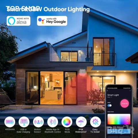 Соларна сензорна лампа с RGB, USB зареждане, IP64, работа с Alexa, снимка 2 - Соларни лампи - 49340577