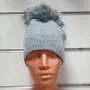 Нова зимна дамска шапка с камъчета отпред и с пух/помпон в светлосив цвят, снимка 4