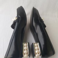 НОВИ Черни кожени елегантни обувки с перли, снимка 15 - Дамски елегантни обувки - 40488526