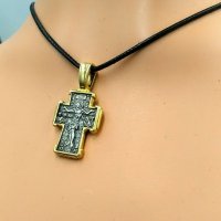 Сребърен кръст с позлата, двулицев, с Христос и Св. Николай, снимка 8 - Колиета, медальони, синджири - 38683880