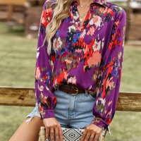 Дамска блуза с флорален принт и V-образно деколте, 4цвята - 023, снимка 14 - Блузи с дълъг ръкав и пуловери - 42038517
