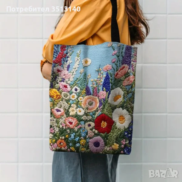 Чанта тип ТОТ, принт, имитация на бродерия и лен, снимка 1
