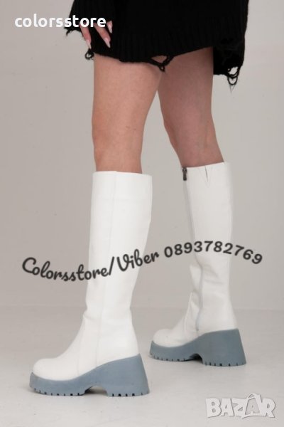 Ботуши на платформа - бяла кожа със сиво ходило - BSX10, снимка 1